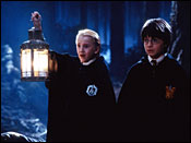 Actors Tom Felton, (Draco Malfoy) and Daniel Radcliffe (Harry Potter) appear in a film still from the movie 