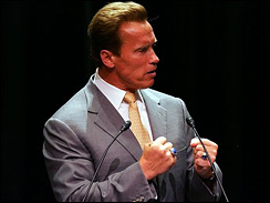 California Gov. Arnold Schwarzenegger speaks at a gathering of the California Commonwealth Club in San Francisco, Wednesday, July 19, 2006.