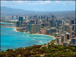 View from the top of Diamond Head Crater looking back at Waikiki and Honolulu.