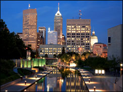 View down Central Canal towards downtown Indianapolis, Indiana.