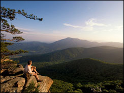 Man with Backpack Looking at View of Appalachian Mountains