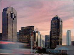 Skyline of Dallas at dusk.