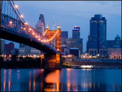 Cincinnati skyline and Roebling Suspension Bridge.