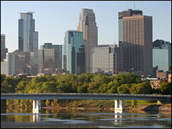 Minneapolis, Minnesota skyline view over the Mississippi river.
