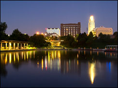 Lake in a park in downtown Omaha at dawn 