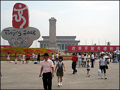 Tiananmen Square on Tuesday; Olympic sign in background